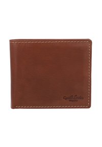 Brown leather wallet with a smooth texture, sewn with a light-colored thread, featuring a debossed logo in the lower corner.