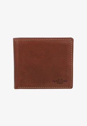 Brun læderpung med en glat overflade, syet med en lys tråd, der har et præget logo i det nederste hjørne.