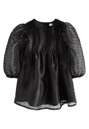 Black short dress with sheer puff sleeves and dotted textured fabric, fitted bodice, and gathered skirt.