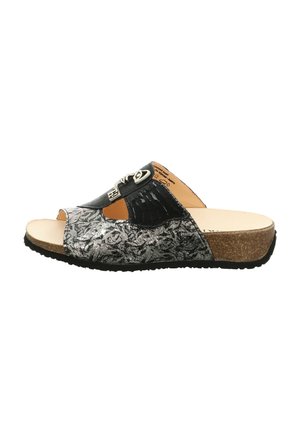 Schwarze und graue Slipper-Sandale mit strukturiertem Obermaterial, Korksohle und metallischen Akzenten, peep-toe Design und robustem Profil.