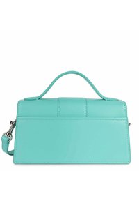 Borsa in pelle teal con un design strutturato, manico superiore e tracolla rimovibile. Presenta una texture liscia e dettagli minimalisti.