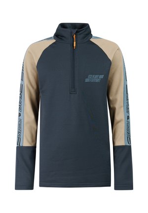 Herren Langarm-Halbreißverschluss-Pullover mit marineblauem Körper, beigen Schultern und gebrandeten hellblauen Streifen an den Ärmeln.
