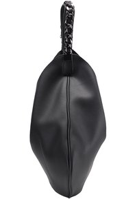 Sac à main en cuir noir de forme ronde, avec une finition texturée, un design élégant et une anse tressée avec des accents métalliques.