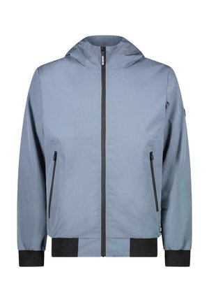 Lichtblauwe, gevoerde jas met capuchon gemaakt van synthetisch materiaal. Heeft een ritssluiting aan de voorkant, twee zijzakken en zwarte rib gebreide manchetten en zoom.