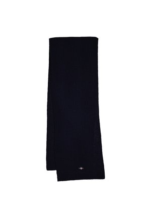 Knitted scarf in dark navy, rectangular shape with ribbed texture. Features a small logo accent on one end. Soft fabric blend.