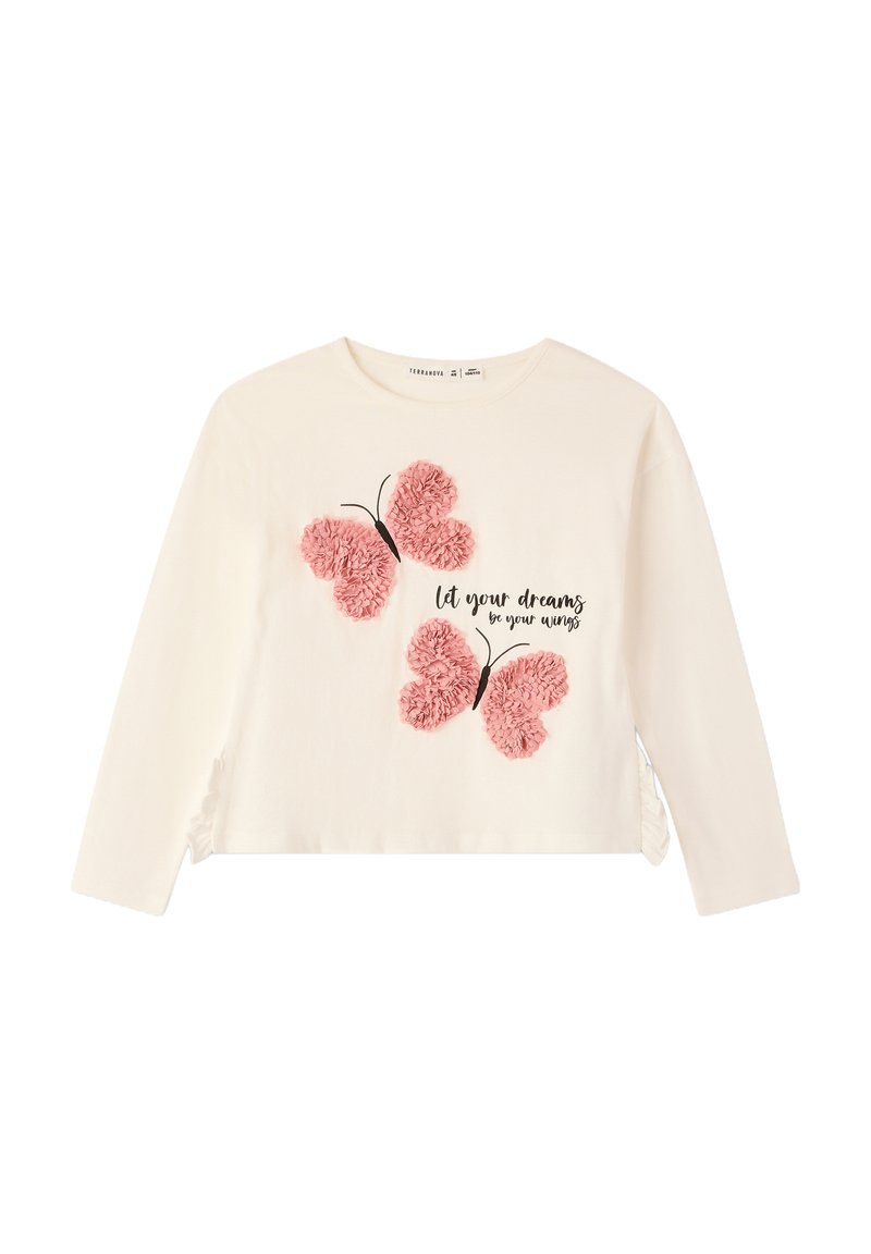 Biała koszula z długim rękawem z dwoma teksturowanymi aplikacjami w kształcie różowych motyli oraz czarnym napisem, który brzmi: "niech twoje marzenia będą twoimi skrzydłami."