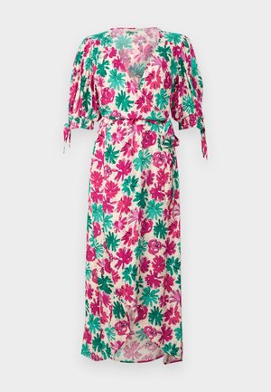 Floral maxi dress with short puff sleeves, featuring a pink, green, and cream pattern. Includes a tie waist and V-neck design.