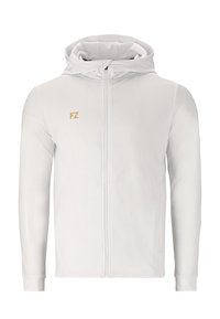 Hvid zip-up hættetrøje med en blød tekstur, der har hætte, lange ærmer og et lille guld "FZ" logo på venstre bryst.