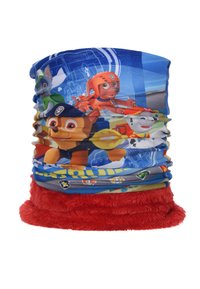 Bufanda para niños con personajes de dibujos animados coloridos en la parte superior impresa en azul y una suave sección inferior de felpa roja.
