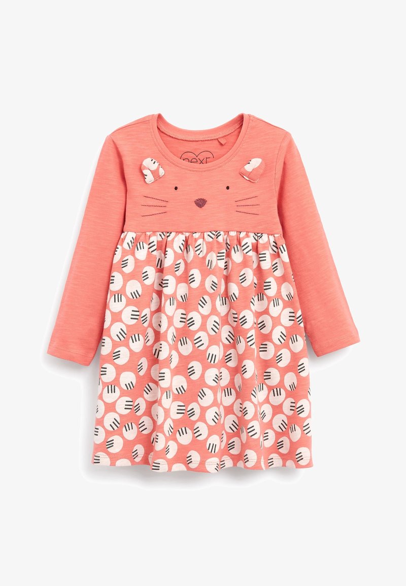 Robe longue à manches longues rose corail pour tout-petit, avec visage de chat, oreilles en tissu sur le corsage, et pois blancs avec rayures noires sur la jupe.