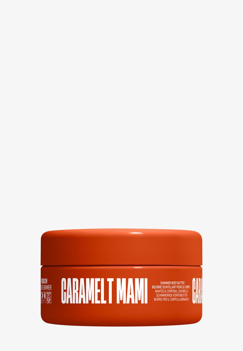 Orange container of Caramel T Mami shimmer body butter with white bold text and product descriptions in multiple languages.
