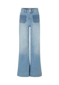Jeans a gamba larga blu chiaro con due tasche frontali con accenti di denim più scuro, vita alta e bordo con finitura.