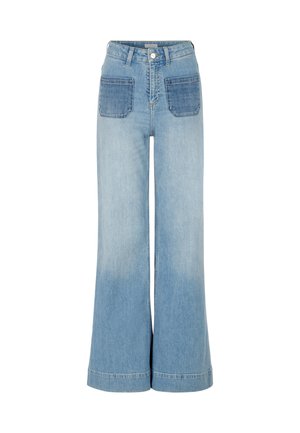 Jeans a gamba larga blu chiaro con due tasche frontali con accenti di denim più scuro, vita alta e bordo con finitura.