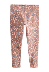 Blomstrede leggings i brun stof med pink, hvide og blå blomster. Designet inkluderer en elastisk talje og en tætsiddende pasform.