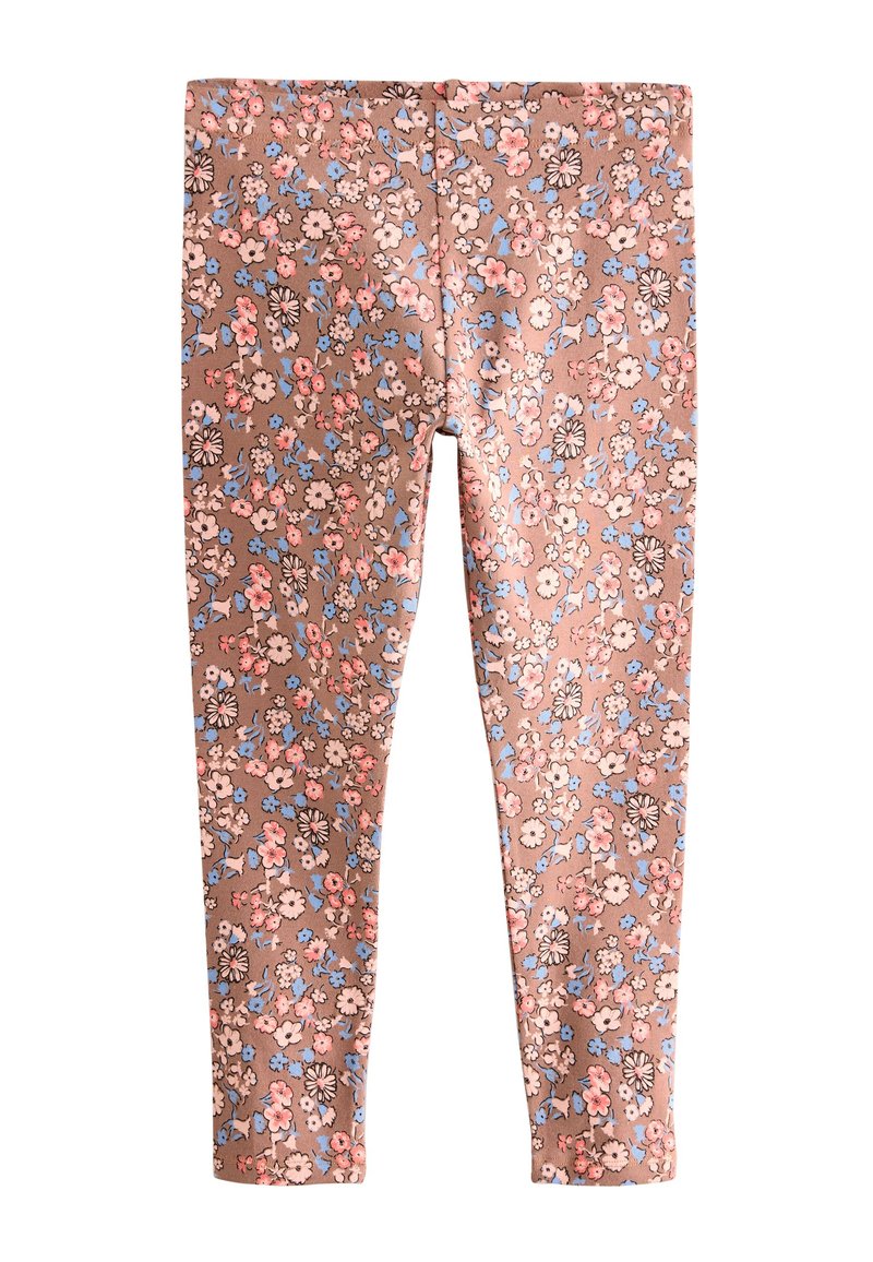 Blomstrede leggings i brun stof med pink, hvide og blå blomster. Designet inkluderer en elastisk talje og en tætsiddende pasform.