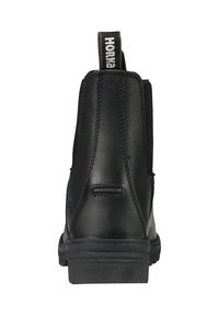 Botas de cuero negras hasta el tobillo con paneles laterales elásticos, tira de agarre, forma redondeada, suela texturizada y costuras reforzadas a lo largo de las uniones.