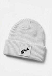 White ribbed knit beanie with a fold-over cuff, featuring a black fishbone logo on a rectangular patch. Soft texture, snug fit.