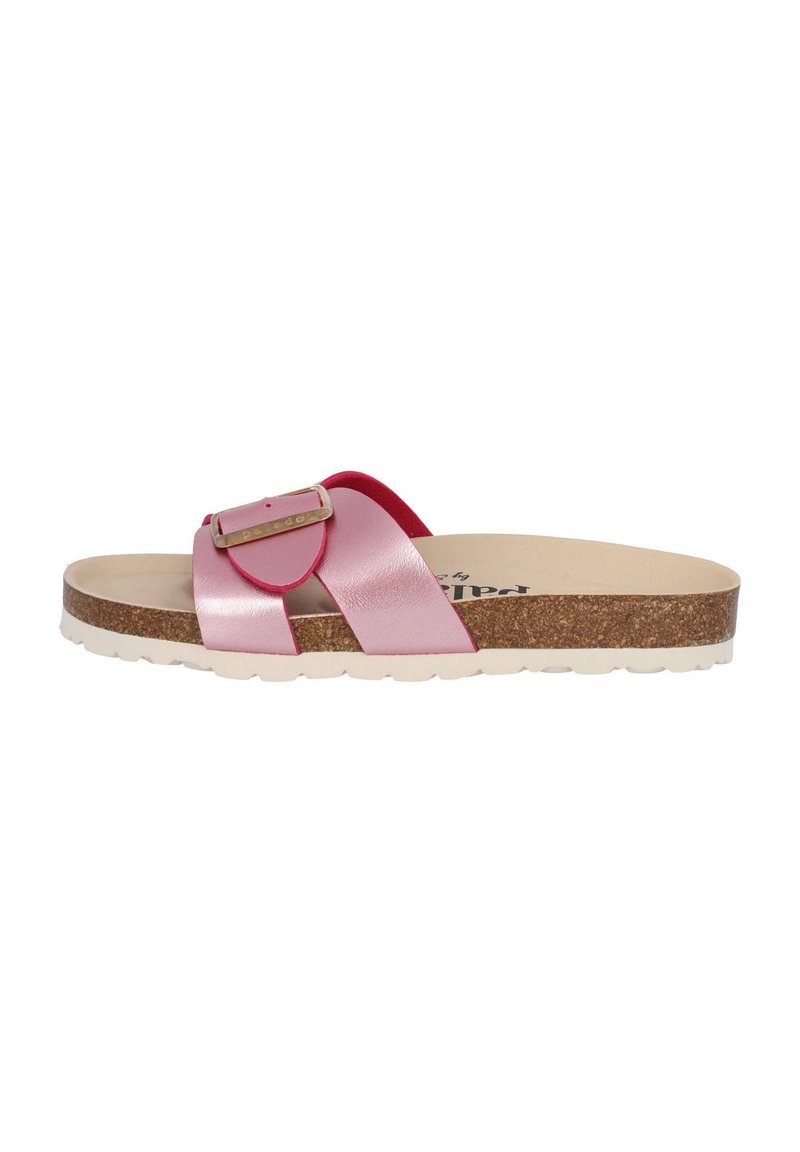 Sandale à glissière en cuir rose avec une semelle en liège, détail de boucle ajustable et semelle extérieure en caoutchouc blanc. Design plat, style ouvert par l'avant.