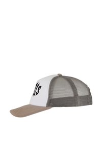 White cap with brown visor and mesh back. Features black embroidered text on the front. Curved visor shape, structured design.