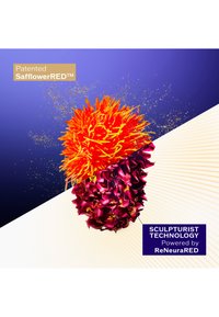 Produkten har en livfull orange taggig blomma och en djupt lila, strukturerad blomma, mot en gradientbakgrund. Texten inkluderar "SafflowerRED™" och "Sculpturist Technology."