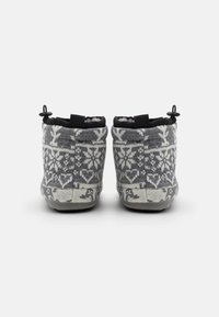 Gray patterned slippers with a knitted texture, featuring a cozy lining, pull tabs for easy wear, and a flat, non-slip sole.