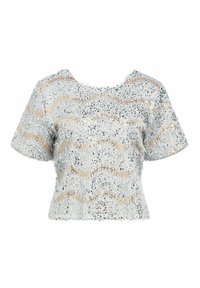 Sølv kortærmet top med en tekstureret, fuzzy overflade, der har bølgede guld- og sorte mønstre. Rund halsudskæring, cropped design.