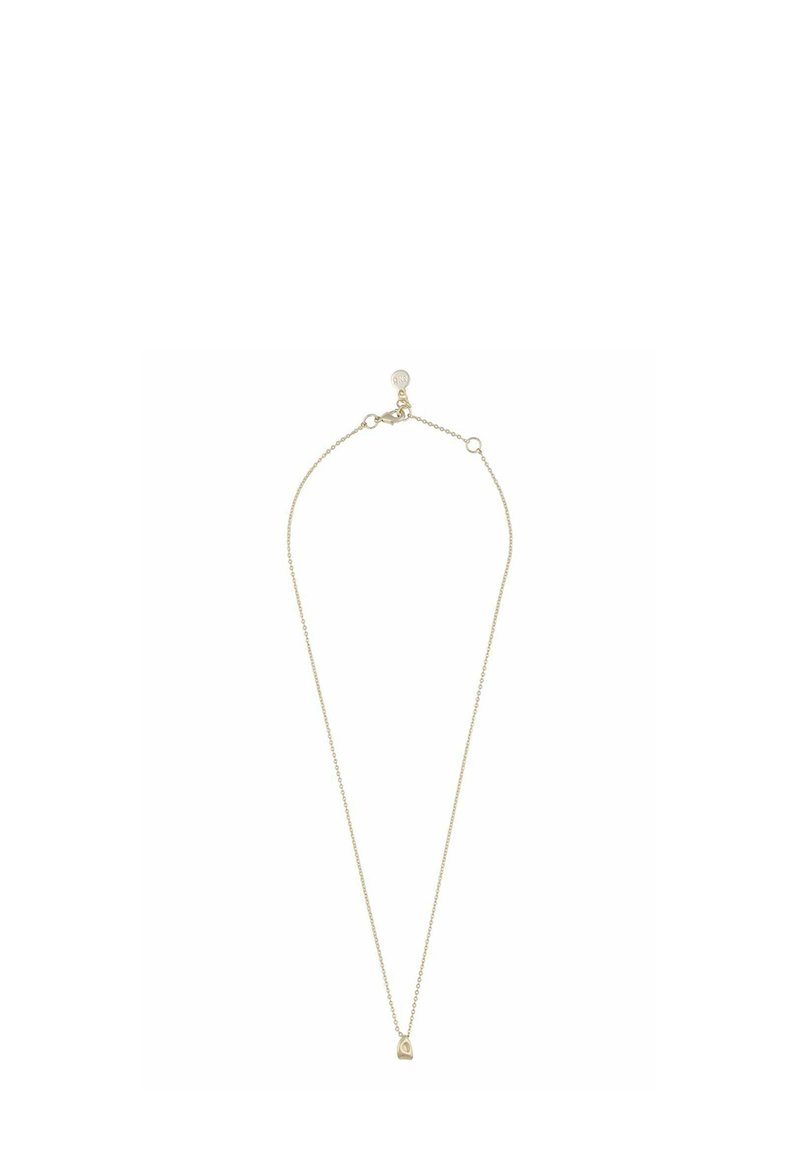 Goldfarbene Halskette mit einer filigranen Kette und einem kleinen, herzförmigen Anhänger mit glatter Oberfläche. Längenverstellbar mit Verschluss.