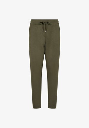 Olíva zöld joggers puha szövetből, rugalmas derékkal és húzózsinórral. Fokozatosan szűkülő lábujjakkal és látható minták vagy díszítések nélkül.
