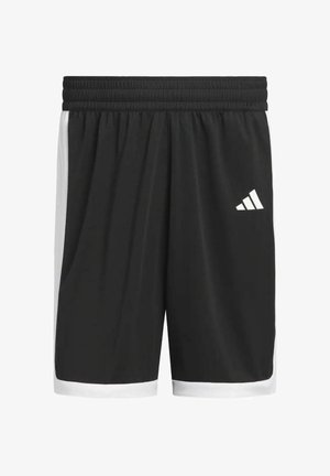Černé sportovní šortky s bílými bočními panely a lemem, elastickým pasem a malým bílým logem Adidas na pravé noze.