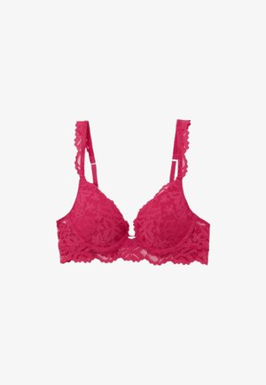 Lace bralette in vibrant pink, featuring floral patterns, padded cups, and scalloped edges on straps and band. Adjustable straps included.