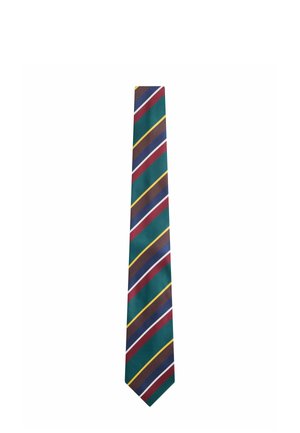 Gestreepte stropdas met diagonale banden in groen, bruin, rood, blauw, geel en wit op een witte achtergrond.