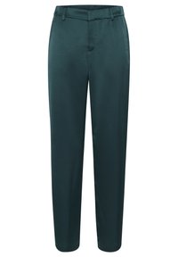 Mörk teal byxor med en slät, glänsande yta, plisserad framtill, bältesöglor och raka ben. Skräddarsydd passform utan synliga fickor.