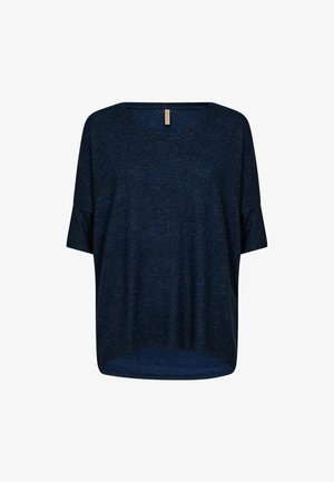 Tumesinine lühikeste varrukatega T-särk, millel on lõdvestunud lõige ja ümmargune kaelus. Valmistatud pehmest, tekstureeritud kangast peene melange-mustriga.