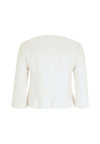 White jacket with three-quarter sleeves, a flared hem, and a smooth texture. Simple design with no visible patterns or hardware.
