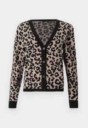Cardigan à imprimé léopard en beige et noir, avec un col en V, des manches longues, une fermeture à boutons et des poignets et un ourlet côtelés. Tissu tricoté doux.