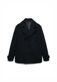 Manteau de marin en laine bleu marine foncé avec un design à double boutonnage, larges revers, boutons noirs et poches latérales. Texture douce avec une doublure chaude.