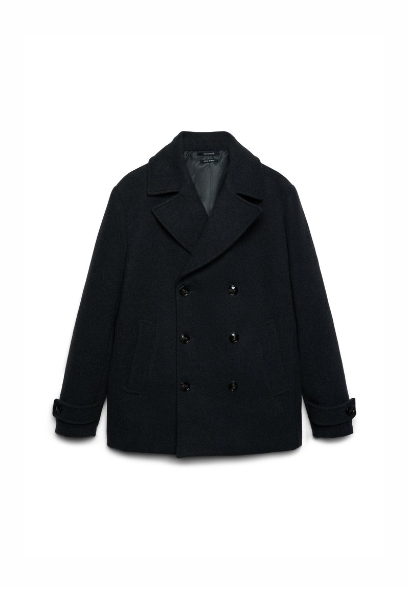 Manteau de marin en laine bleu marine foncé avec un design à double boutonnage, larges revers, boutons noirs et poches latérales. Texture douce avec une doublure chaude.