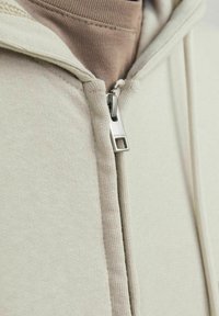Heledadbeez zip-up kapuutsiga, tekstureeritud kangast, kontrastse pruunika sisekihiga ja hõbedase tõmbega, millel on brändinimi sisse pressitud.