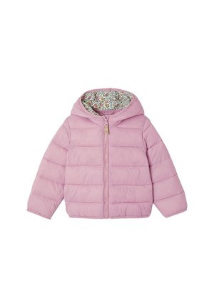 Light pink padded hooded jacket for children with floral pattern lining and front zipper closure.