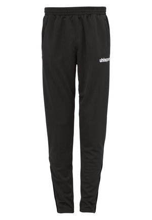 Zwarte sweatershorts van zachte stof, met een elastische tailleband, slim fit en een wit "uhlsport" logo op de linkerdij.