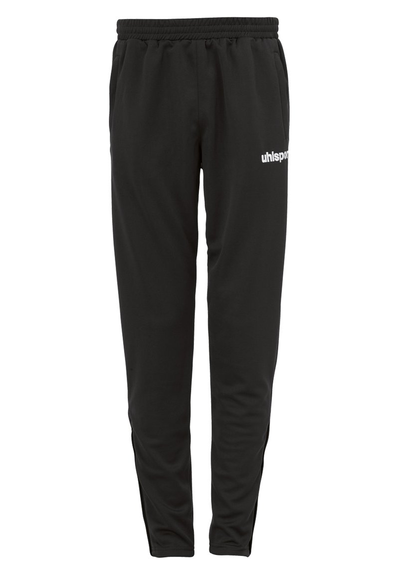 Schwarze Sweatpants aus weichem Stoff, mit elastischem Bund, schlanker Passform und weißem "uhlsport"-Logo auf dem linken Oberschenkel.