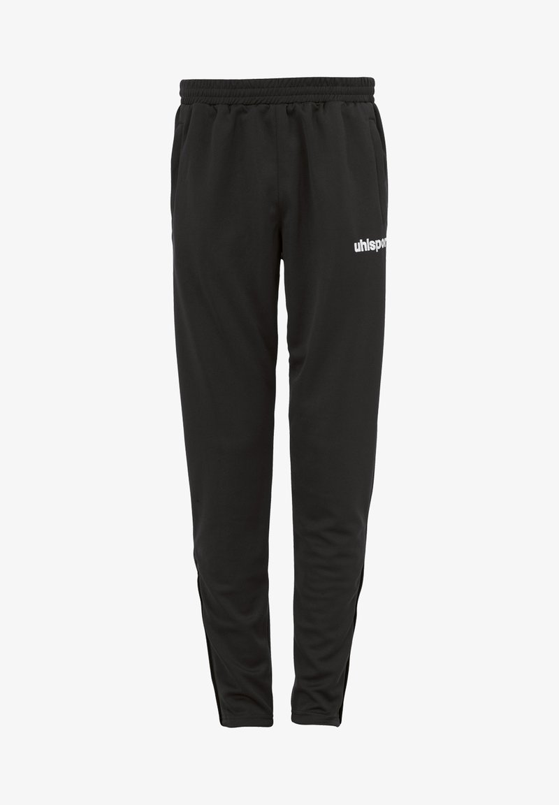 Zwarte sweatershorts van zachte stof, met een elastische tailleband, slim fit en een wit "uhlsport" logo op de linkerdij.