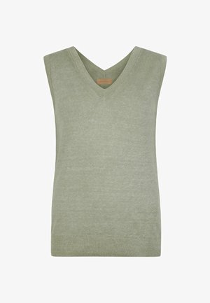 Ärmellose, hellolivgrüne, gestrickte Weste mit V-Ausschnitt und geripptem Saum, flach liegend ohne Hintergrund.