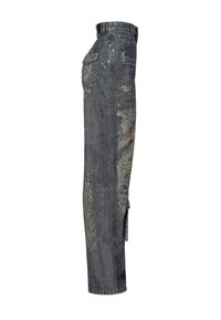 Jeans de denim gris de corte holgado, con textura desgastada, detalles de bolsillos laterales y patrones descoloridos. Cintura estándar y acabado de dobladillo.