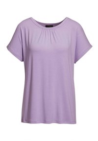 Lilac t-shirt met korte mouwen, een ronde halslijn en subtiele plooidetails aan de voorkant. Gemaakt van zachte, lichte stof.