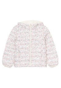 Gepolsterte Jacke mit Blumenmuster auf weißem Hintergrund, die rosa und blaue Blumen zeigt, mit einem Reißverschluss vorne und einer Kapuze. Mit elastischen Bündchen.