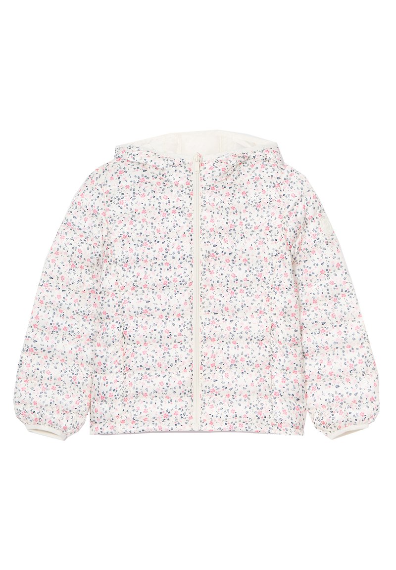 Gepolsterte Jacke mit Blumenmuster auf weißem Hintergrund, die rosa und blaue Blumen zeigt, mit einem Reißverschluss vorne und einer Kapuze. Mit elastischen Bündchen.