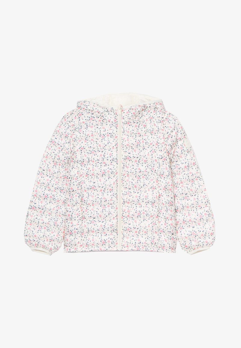 Giacca imbottita con motivo floreale su sfondo bianco, caratterizzata da fiori rosa e blu, coulisse frontale e cappuccio. Maniche con polsini in elastico.