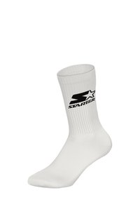 Biały bawełniany skarpetka z prążkowaną fakturą i logo z czarną gwiazdą oraz napisem "STARTER" po bokach.