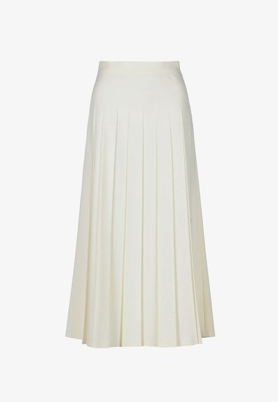 Une jupe plissée en tissu crème doux, dotée d'une taille haute, tombant jusqu'à mi-mollet avec des plis verticaux uniformément espacés.